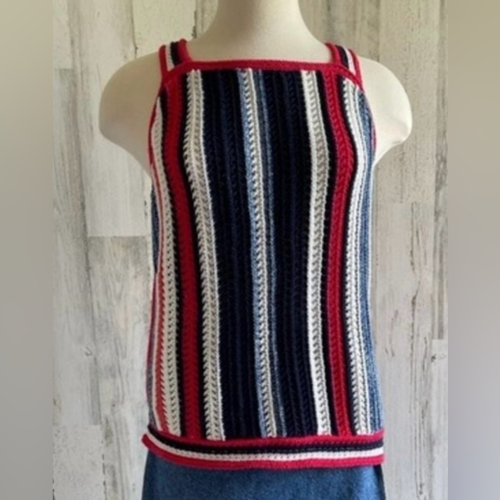GAP Striped Crochet Knit Tank Top Red White Blue Patriotic‎ Festival – Size S